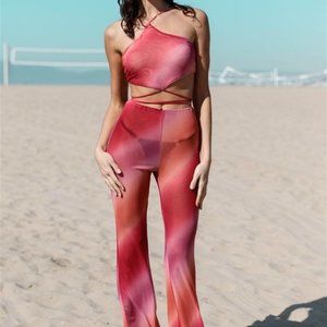 Multi Color Tie-Dye Mesh Halter Neck Lace Down Back Wrap Top & Flare Pant S